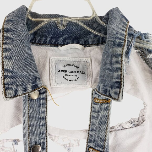 American Bazi Womens Cropped Distressed Denim Jacket Sz S - Picture 4 of 13